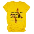 Detail of Thou Shall Not Steal baseball text print on yellow crewneck cotton t-shirt - S / Tops / Yellow (Black Text)