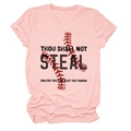 Detail of pink t-shirt sleeve cuff and graphic print with 'Thou Shall Not Steal' text - S / Tops / Pink (Black Text)