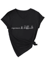 Detail of V-neck black T-shirt with 'expensive & difficult' print and side knot hem - Black (White Font)