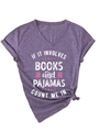 Detail of V-neck T-shirt in heather purple with roll-up sleeves and book quote print - S / Purple (White Print)