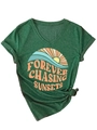 Detail of V-neck T-shirt showing forever chasing sunsets print and side knot hem - Vintage Green