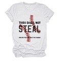 Detail of white cotton T-shirt featuring red baseball stitching and black printed quote - S / Tops / White (Black Text)