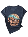 Detail view of navy V-neck T-shirt with vintage sunset print and stylish side knot - Navy Blue
