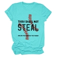 Detail of turquoise cotton T-shirt with baseball graphic and bold slogan print - S / Tops / Deep Water Blue (Black Text)