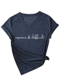 Detail of dark blue V-neck T-shirt with white script text and side knot design - Navy Blue (White Font)