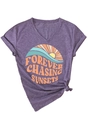Detail of purple V-neck T-shirt featuring sunset graphic print and front hem knot design - Purple