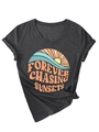 Close-up of V-neck gray T-shirt with vintage Forever Chasing Sunsets graphic and side knot - Black Heather Grey