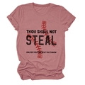 Detail of dusty pink T-shirt featuring baseball stitch graphics and printed text - S / Tops / Rose Gold (Black Text)