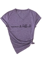 Detail of purple V-neck T-shirt with 'expensive & difficult' text and side knot hem - Purple (Black Font)