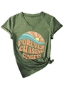 Detail of army green V-neck T-shirt with sunset print and stylish side-knot design - Olive Green