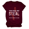 Detail of burgundy crew neck T-shirt with baseball-themed graphic and quote text - S / Tops / Wine Red (White Text)