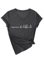 Close-up of charcoal gray V-neck T-shirt with white expensive difficult print and knotted hem - Dark Heather Grey (White Font)