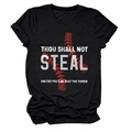 Detailed flat lay of black crew neck t-shirt with Thou Shall Not Steal baseball print - S / Tops / Black