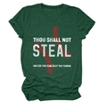 Detail of forest green T-shirt featuring Thou Shall Not Steal baseball text and red stitching - S / Tops / Retro Green (White Text)