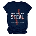 Close-up of Navy Blue Cotton T-shirt with 'Thou Shall Not Steal' and baseball stitch print - S / Tops / Navy Blue (White Text)