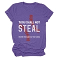 Detail of purple baseball t-shirt featuring Thou Shall Not Steal slogan and red stitching - S / Tops / Purple (White Text)