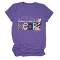 Detail of purple cotton blend T-shirt with Teacher-themed graphic print and soft texture - Purple (White Text)