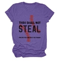 Detail of purple crew neck T-shirt with baseball stitch print and funny text - S / Tops / Purple (Black Text)