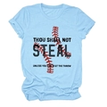 Light blue crew neck t-shirt with baseball-themed Thou Shall Not Steal graphic print - S / Tops / Light Blue (Black Text)