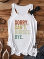 Flat lay of white racerback tank top with Sorry Can't Horses Bye text and summer accessories - S / White