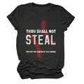 Close-up of charcoal grey t-shirt featuring Thou Shall Not Steal baseball graphic - S / Tops / Heather Charcoal (White Text)