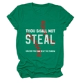 Detail of dark green cotton T-shirt featuring red baseball stitching and humorous quote - S / Tops / Ink Green (White Text)