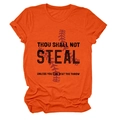 Close-up of Thou Shall Not Steal text and baseball stitching on orange t-shirt - S / Tops / Orange (Black Text)