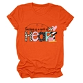 Flat lay of an orange teacher t-shirt featuring a colorful leopard print heart design - Orange (Black Text)