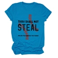 Detail of light blue t-shirt featuring Thou Shall Not Steal slogan and baseball stitching - S / Tops / Lake Blue (Black Text)