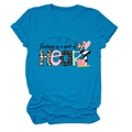 Detail of Teaching is a Work of Heart print on peacock blue crewneck cotton T-shirt - Lake Blue (Black Text)