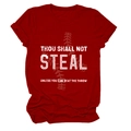 Detail of burgundy cotton T-shirt featuring Thou Shall Not Steal slogan and baseball stitching - S / Tops / Red (White Text)