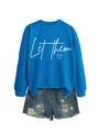 Detail of blue sweatshirt with Let Them heart print and distressed denim shorts set - Lake Blue Sweatshirt (White Font)