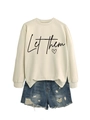 Detail of Let Them lettering and heart print on cream crewneck sweatshirt - Sand Sweatshirt (Black Font)