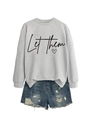 Detail of grey sweatshirt with Let Them heart print and distressed denim shorts - Grey Sweatshirt (Black Font)