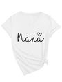 Detailed view of white V-neck T-shirt featuring Nana heart print and side-knot hem design - S / White (Black Font)