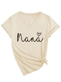 Detail of Nana heart print and decorative knot hem on a beige V-neck short sleeve T-shirt - S / Sand (Black Font)