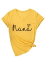 Detail of yellow V-neck T-shirt featuring Nana heart print and stylish knotted hem - S / Yellow (Black Font)