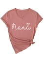 Detail of V-neck T-shirt in dusky pink with Nana heart print and front knot hemline - Rose Gold (White Font)