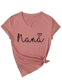 Detail of Nana heart print on V-neck short sleeve T-shirt in dusty rose with rolled cuffs - Rose Gold (Black Font)