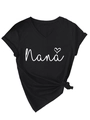 Detail of black V-neck T-shirt featuring Nana heart print and stylish knotted hem - Black (White Font)