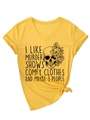 Detail of yellow V-neck T-shirt with skull floral print and I Like Murder Shows slogan - S / Yellow (Black Print)