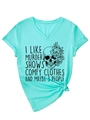 Detail of V-neck mint green T-shirt with floral skull print and playful quote - S / Mint Green (Black Print)