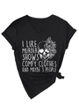 Détail d'un t-shirt en coton à col en V avec crâne et imprimé I like murder shows - Noir (Imprimé Blanc)