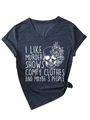 Détail de t-shirt col en V avec imprimé crâne floral et design de nœud sur le côté - Bleu Marine (Imprimé Blanc)