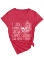 Détail du t-shirt rouge chiné à col en V avec imprimé squelette floral et nœud frontal - Rouge (Impression Blanche)