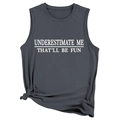 Close-up of sleeveless dark grey tank top with white slogan print and side knot detail - Dark Gray