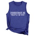 Close-up of blue sleeveless muscle tank with white text and a decorative knot at the hem - Vintage Blue