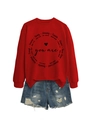 Détail d'un sweat rouge à imprimé texte noir et d'un short en jean effet usé - S / Rouge Vif (Police Noire)