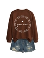 Detail des inspirierenden weißen Textdrucks auf einem braunen Sweatshirt mit Rundhals - Kaffee (Weiße Schrift)