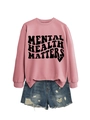 Flat lay of a pink Mental Health Matters sweatshirt and frayed blue denim shorts - Rose Gold (Black Font)